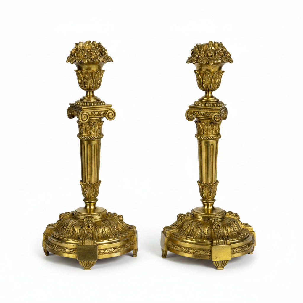 PAIRE DE BOUGEOIRS EN BRONZE DORÉ FINEMENT CISELÉ DU XIXe DE STYLE EMPIRE