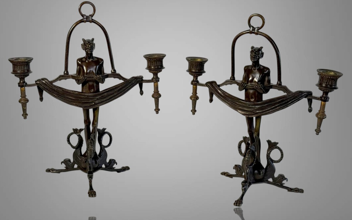Pair Of Art Deco Period Candles With Diablotins In Painted Bronze Circa 1930-photo-2