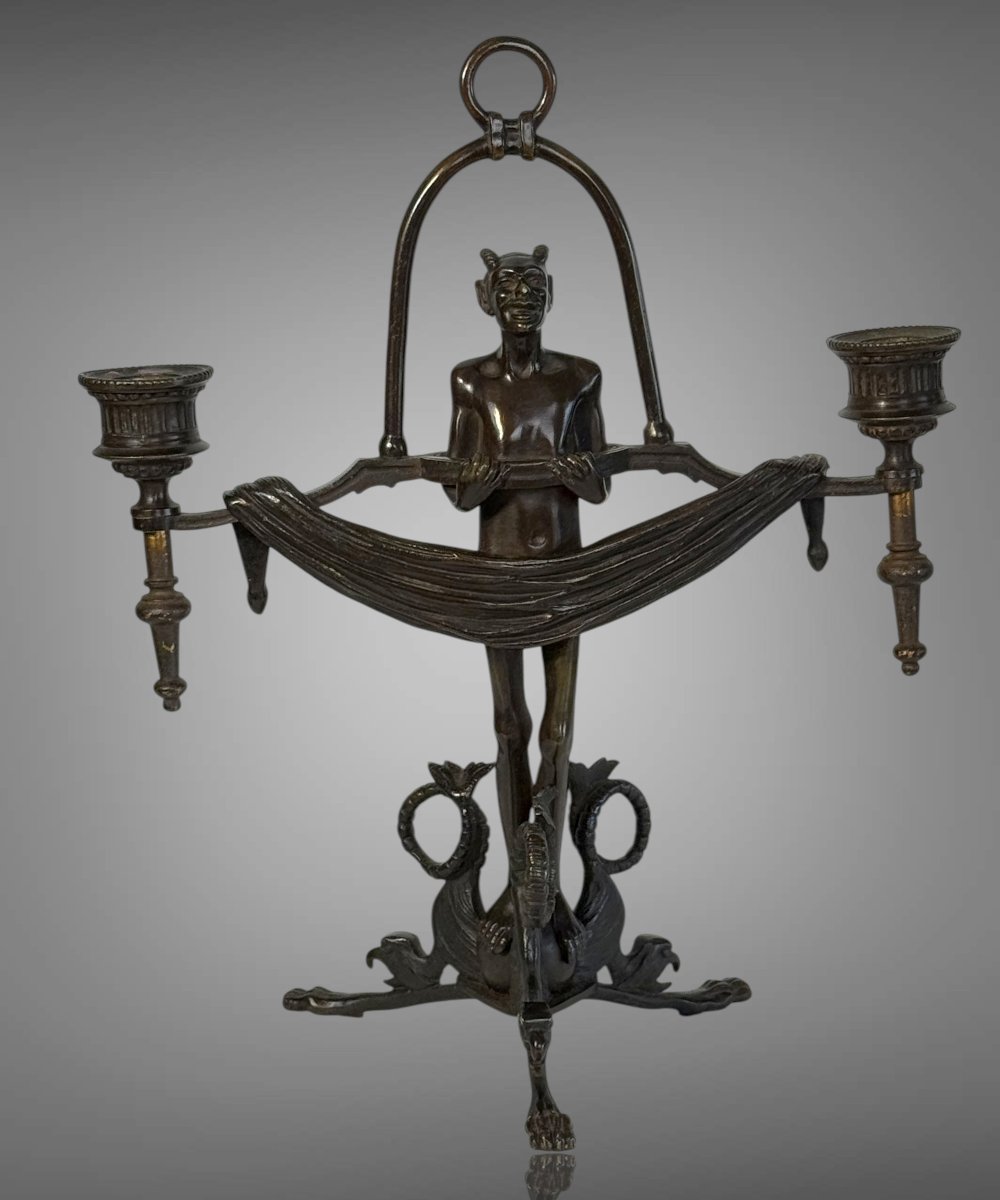 Pair Of Art Deco Period Candles With Diablotins In Painted Bronze Circa 1930-photo-3