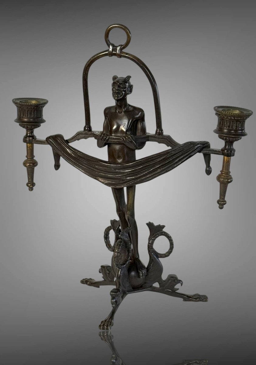 Pair Of Art Deco Period Candles With Diablotins In Painted Bronze Circa 1930-photo-4