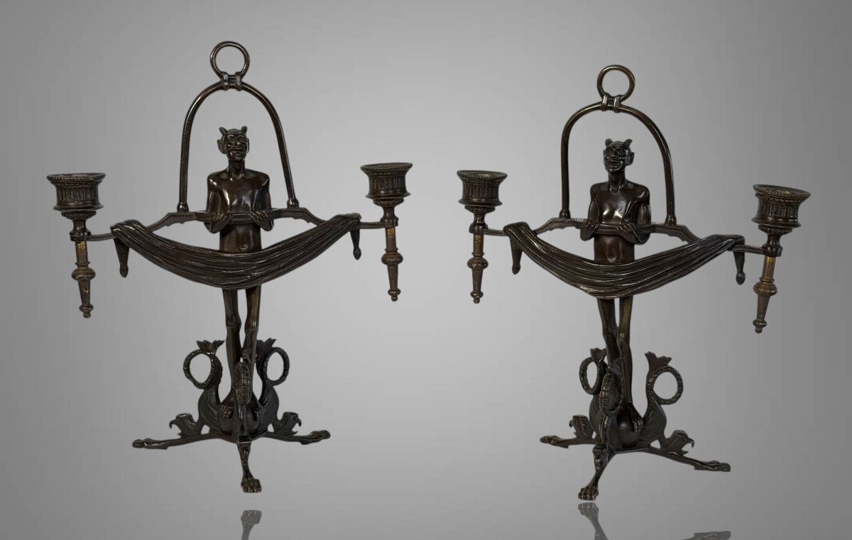 Pair Of Art Deco Period Candles With Diablotins In Painted Bronze Circa 1930-photo-1