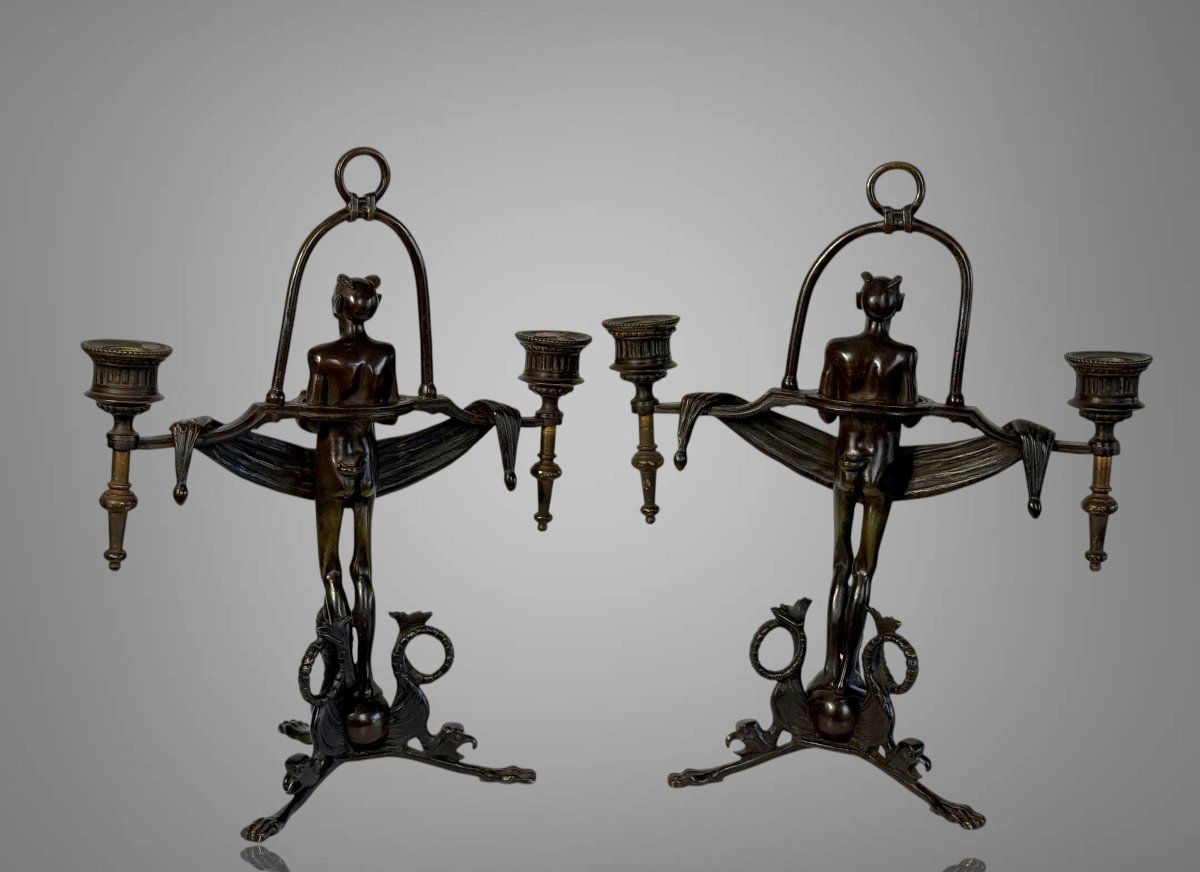 Pair Of Art Deco Period Candles With Diablotins In Painted Bronze Circa 1930-photo-2