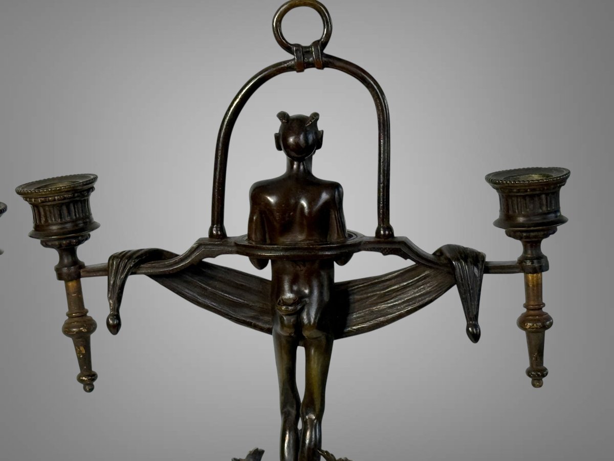 Pair Of Art Deco Period Candles With Diablotins In Painted Bronze Circa 1930-photo-4