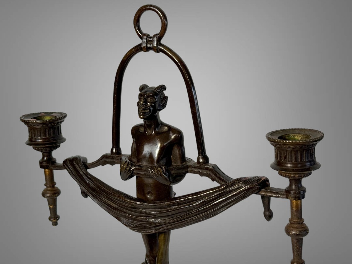 Pair Of Art Deco Period Candles With Diablotins In Painted Bronze Circa 1930-photo-5