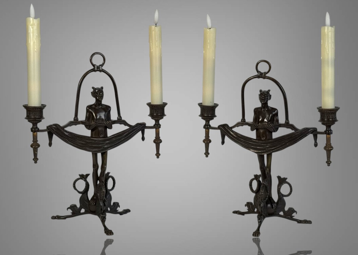 Pair Of Art Deco Period Candles With Diablotins In Painted Bronze Circa 1930-photo-6