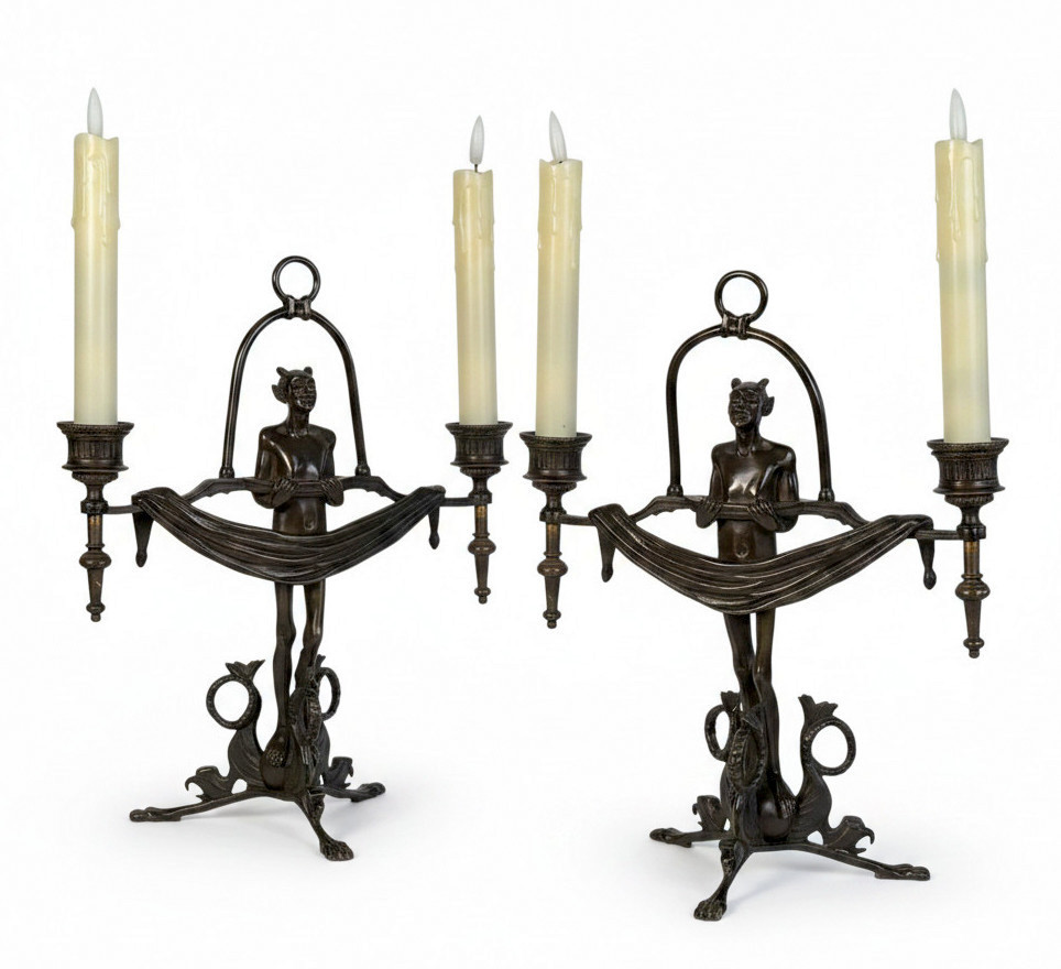Pair Of Art Deco Period Candles With Diablotins In Painted Bronze Circa 1930