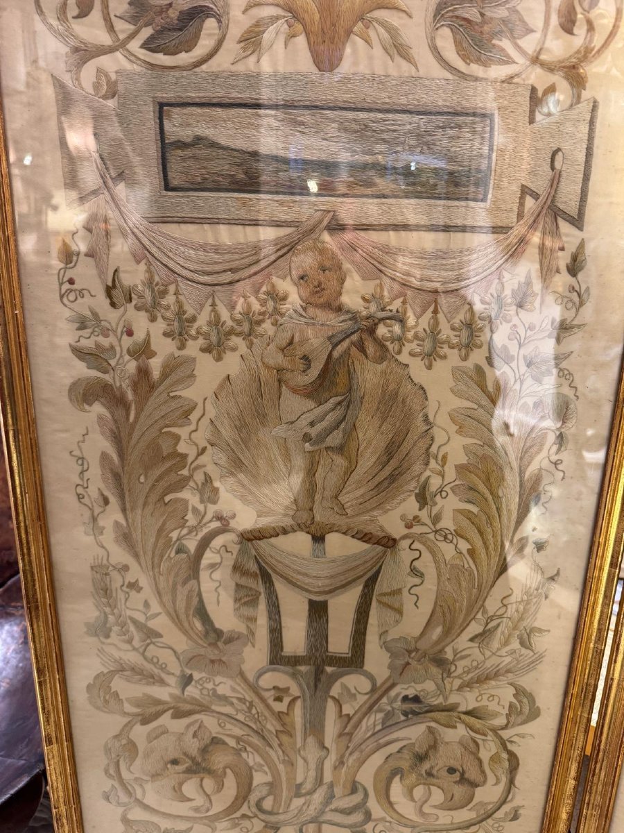 IMPORTANT PARAVENT LOUIS XVI D 'ÉPOQUE XVIIIe EN SOIERIE BRODÉE ET PEINTE-photo-3
