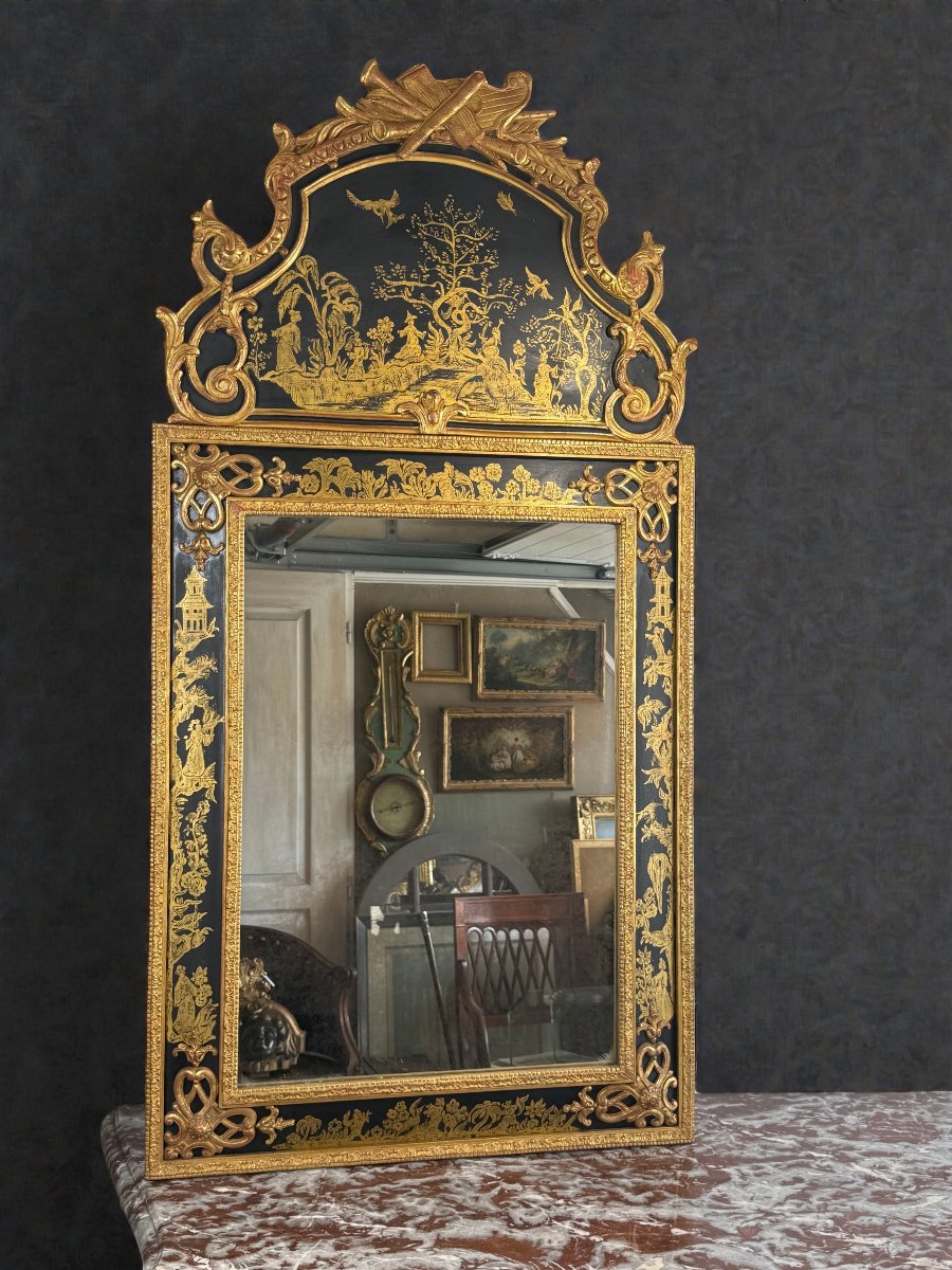MIROIR EN BOIS PEINT ET DORÉ A DÉCOR CHINOIS DE STYLE RÉGENCE DES ANNÉES 70-photo-2
