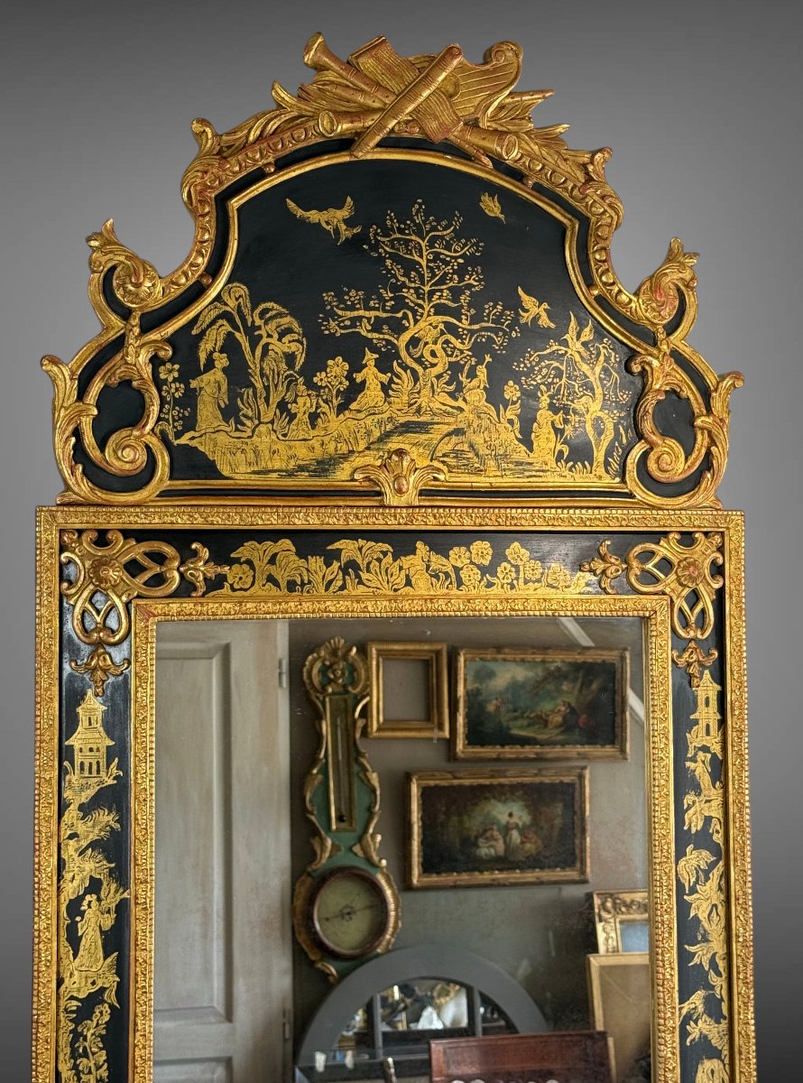 MIROIR EN BOIS PEINT ET DORÉ A DÉCOR CHINOIS DE STYLE RÉGENCE DES ANNÉES 70-photo-3