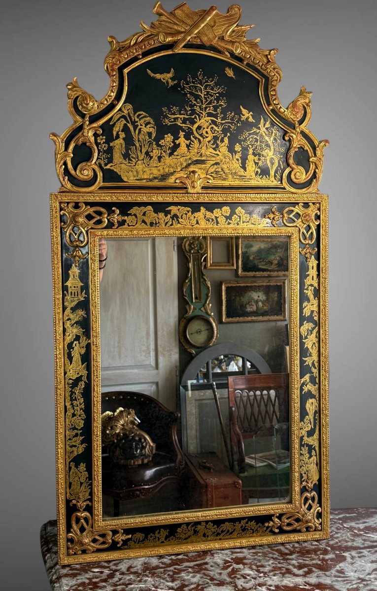MIROIR EN BOIS PEINT ET DORÉ A DÉCOR CHINOIS DE STYLE RÉGENCE DES ANNÉES 70-photo-4