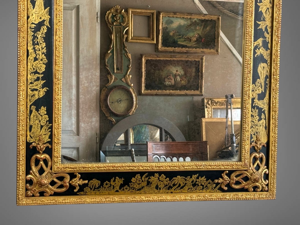MIROIR EN BOIS PEINT ET DORÉ A DÉCOR CHINOIS DE STYLE RÉGENCE DES ANNÉES 70-photo-4