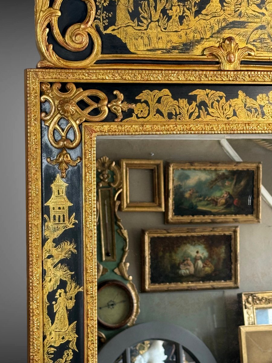 MIROIR EN BOIS PEINT ET DORÉ A DÉCOR CHINOIS DE STYLE RÉGENCE DES ANNÉES 70-photo-5