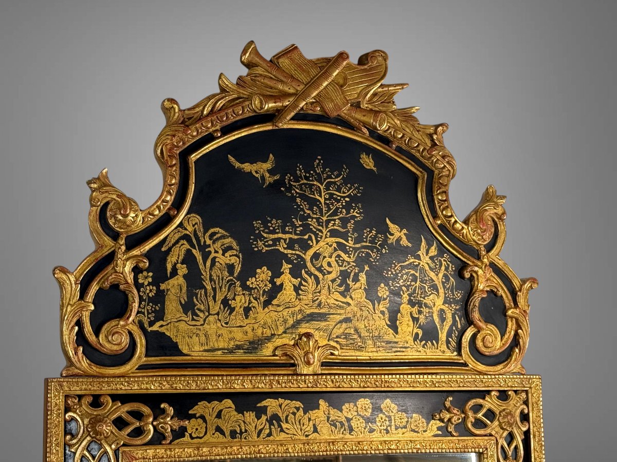 MIROIR EN BOIS PEINT ET DORÉ A DÉCOR CHINOIS DE STYLE RÉGENCE DES ANNÉES 70-photo-6