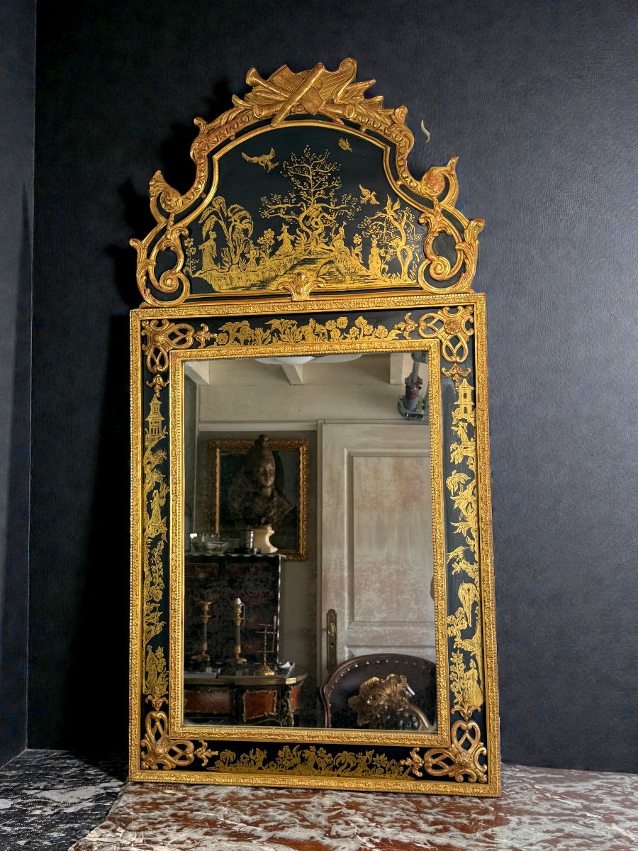 MIROIR EN BOIS PEINT ET DORÉ A DÉCOR CHINOIS DE STYLE RÉGENCE DES ANNÉES 70-photo-8