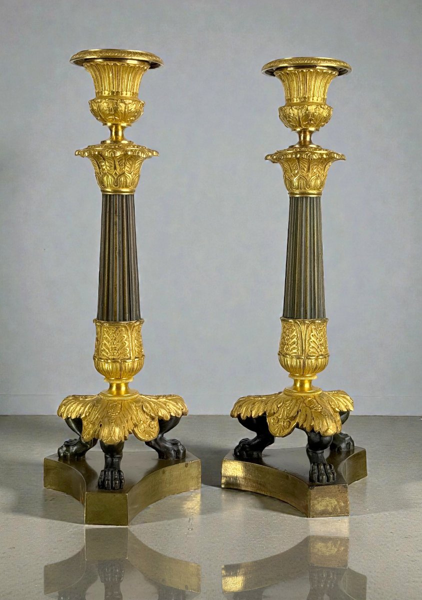 Pair Of Empire Style Torches In Patinated And Gilded Bronze (mercury Gilding)-photo-2