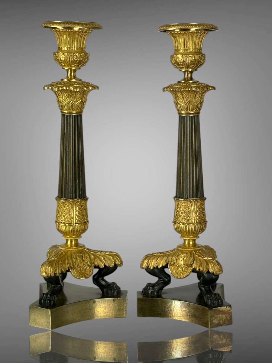 Pair Of Empire Style Torches In Patinated And Gilded Bronze (mercury Gilding)-photo-3