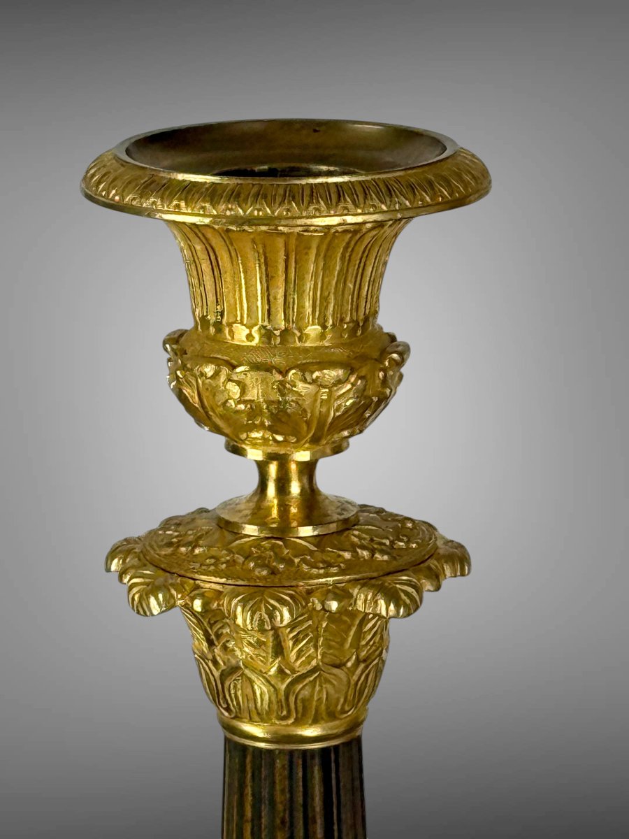 Pair Of Empire Style Torches In Patinated And Gilded Bronze (mercury Gilding)-photo-1