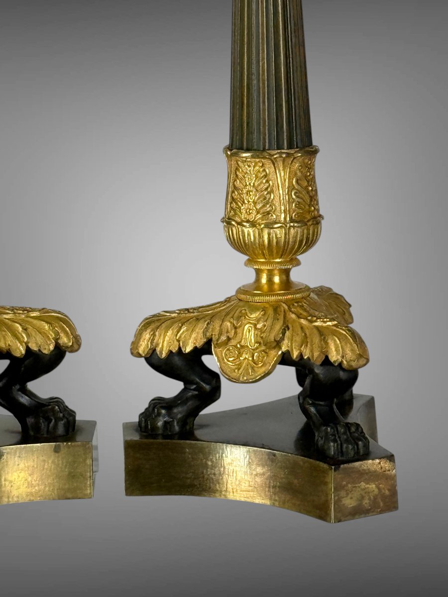 Pair Of Empire Style Torches In Patinated And Gilded Bronze (mercury Gilding)-photo-3