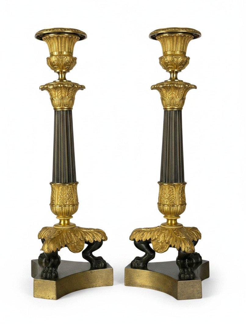 Pair Of Empire Style Torches In Patinated And Gilded Bronze (mercury Gilding)