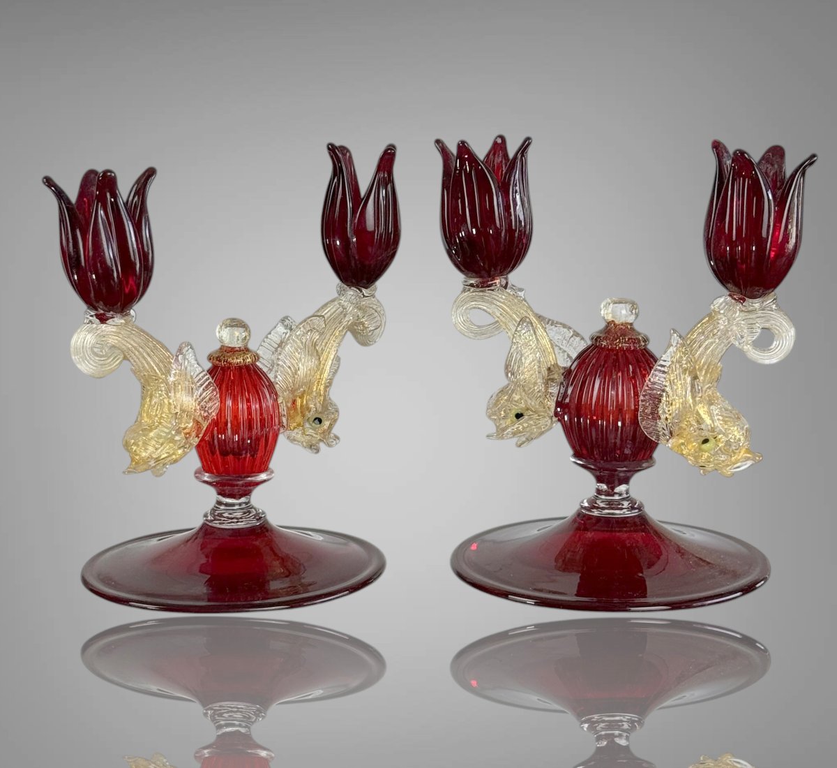 Pair Of Murano Ruby Glass Candlesticks From The 50s-photo-2