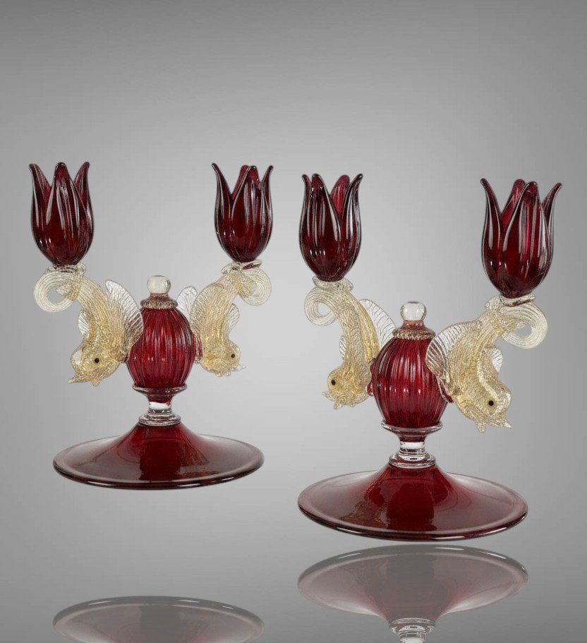 Pair Of Murano Ruby Glass Candlesticks From The 50s-photo-3