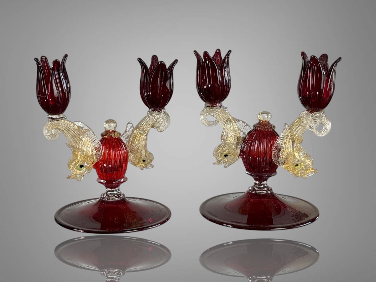 Pair Of Murano Ruby Glass Candlesticks From The 50s-photo-1