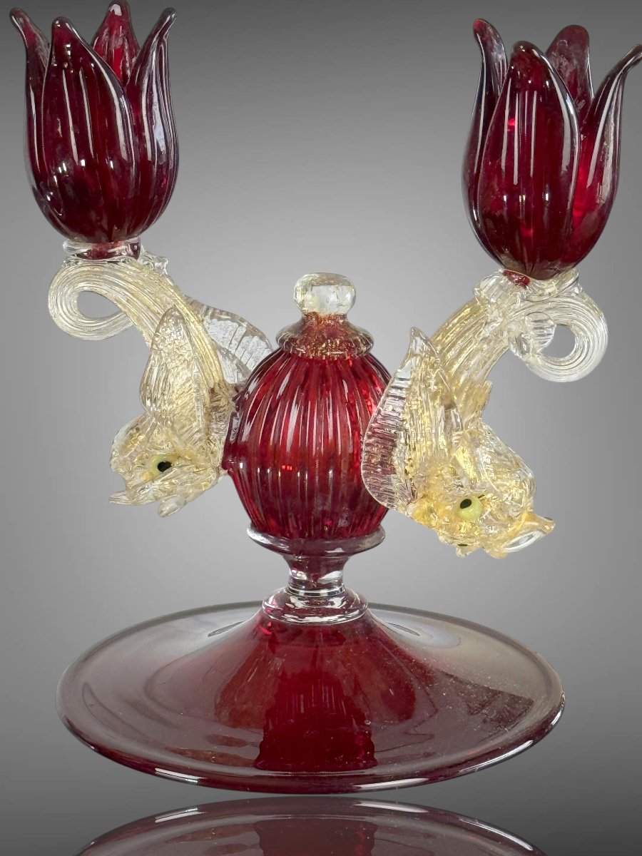 Pair Of Murano Ruby Glass Candlesticks From The 50s-photo-2