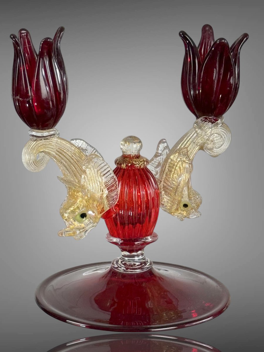 Pair Of Murano Ruby Glass Candlesticks From The 50s-photo-3