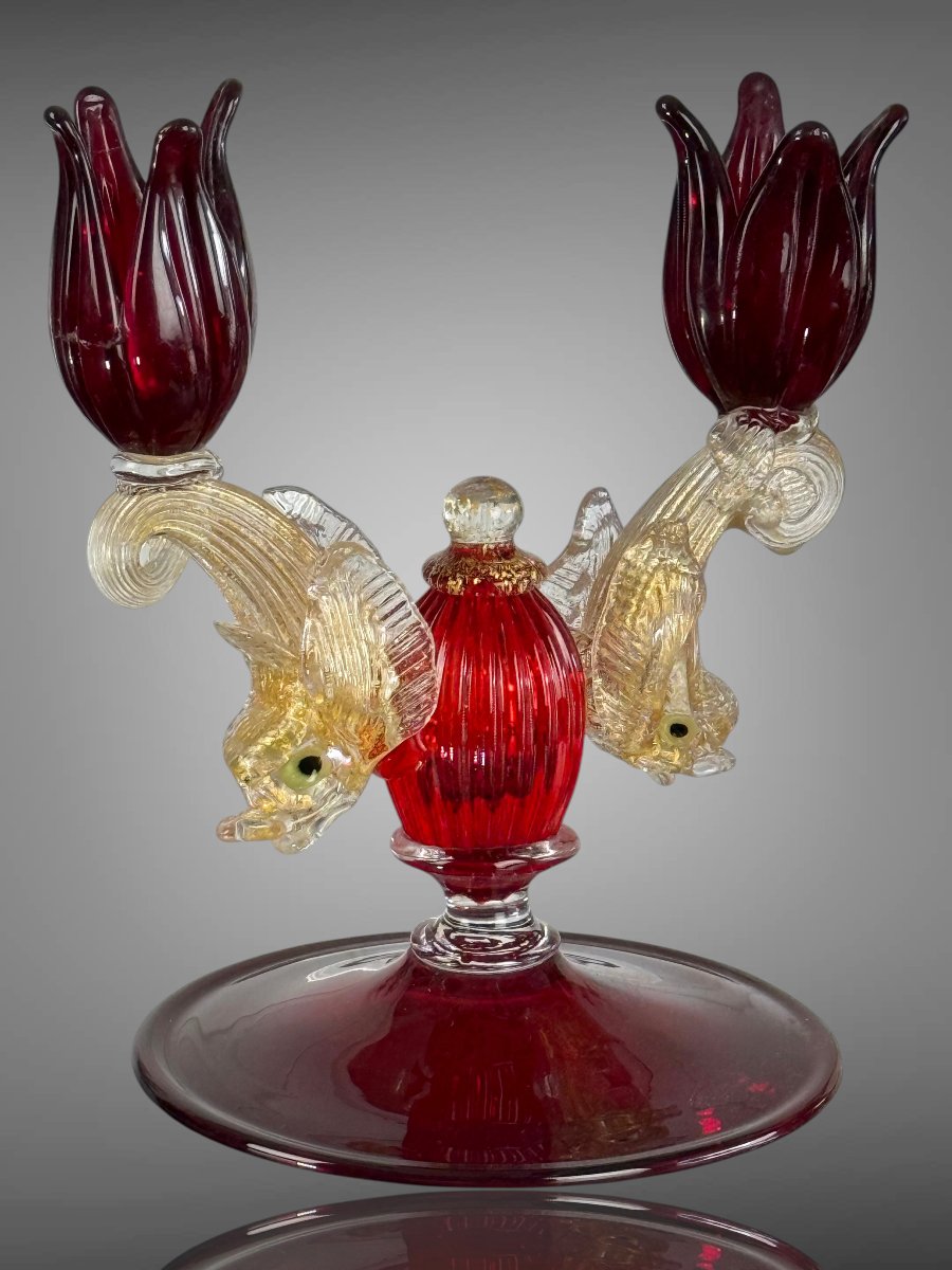 Pair Of Murano Ruby Glass Candlesticks From The 50s-photo-4