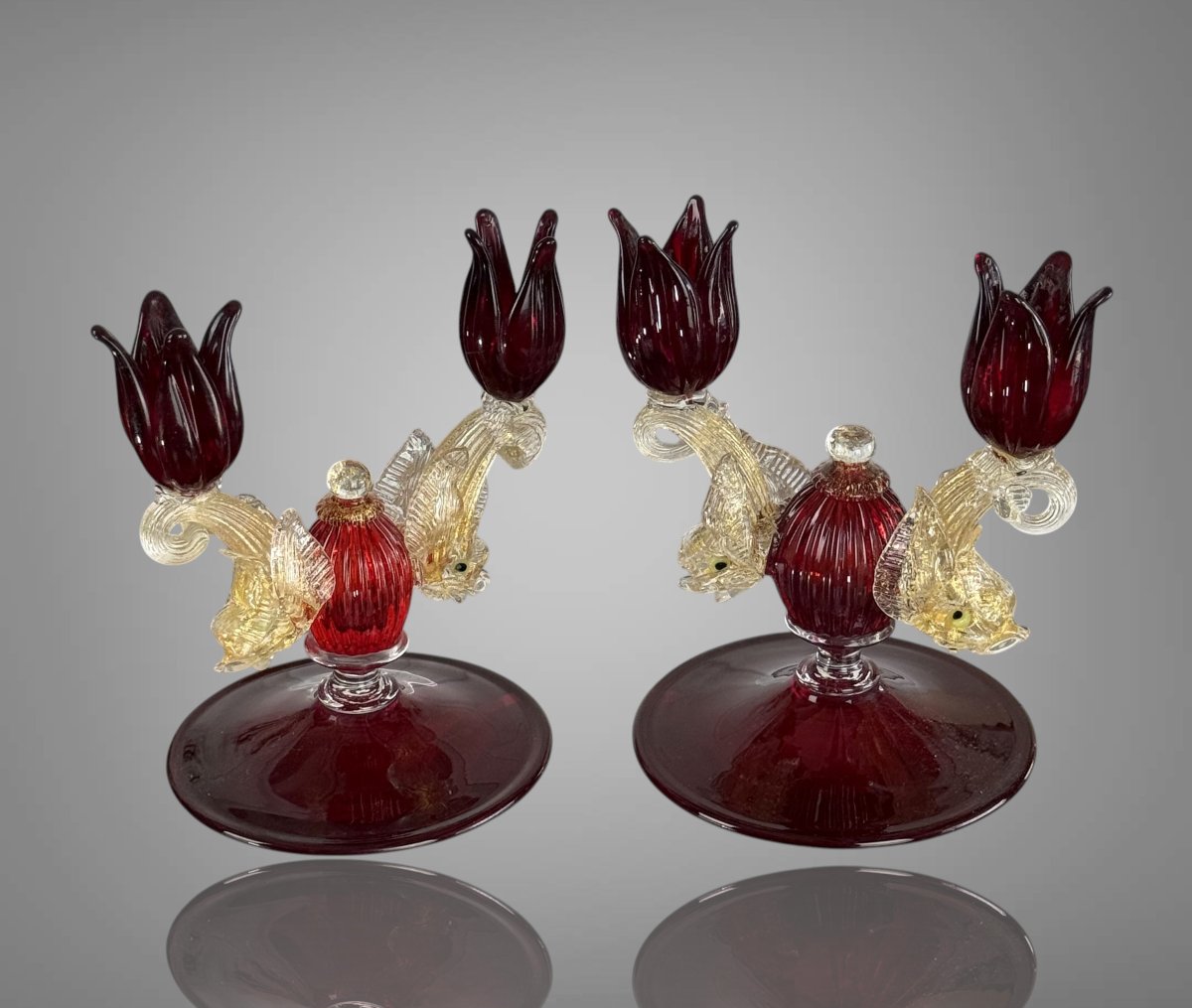 Pair Of Murano Ruby Glass Candlesticks From The 50s-photo-5