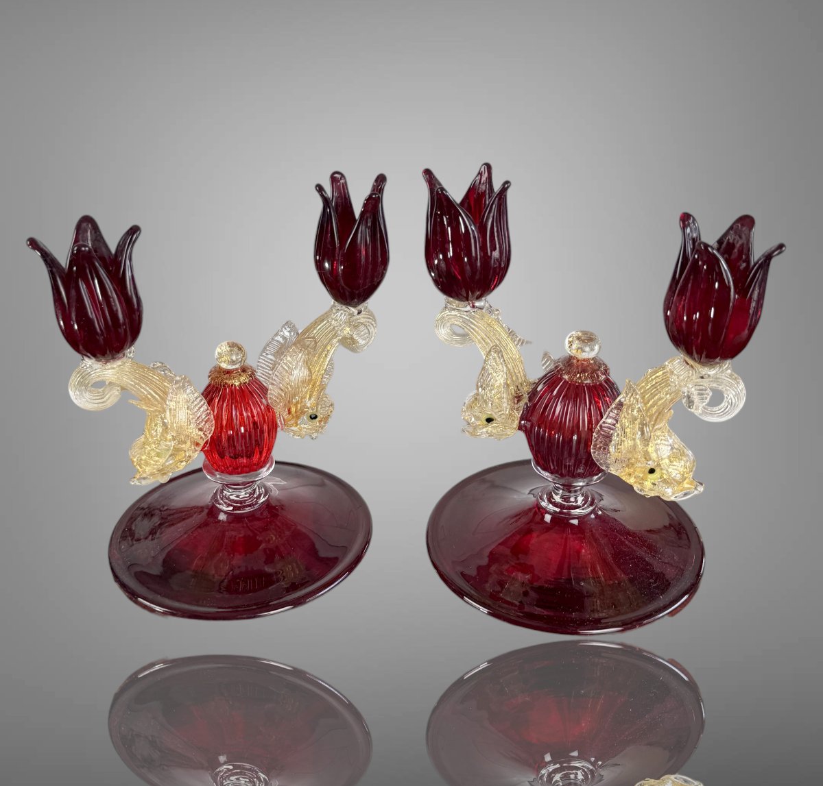 Pair Of Murano Ruby Glass Candlesticks From The 50s-photo-7