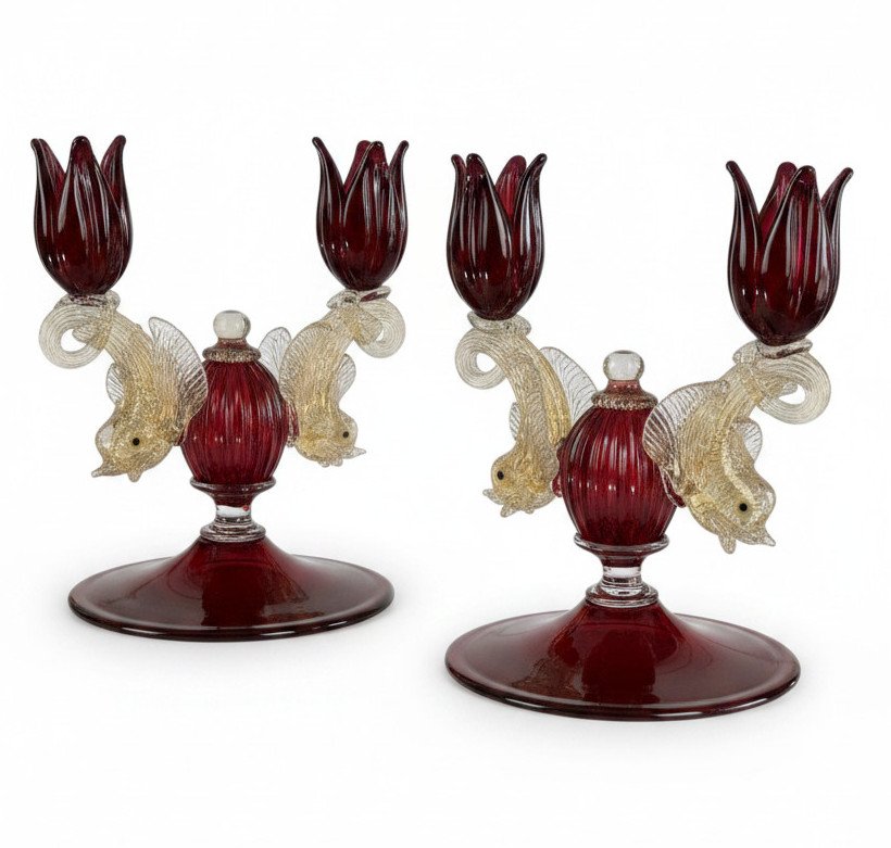 Pair Of Murano Ruby Glass Candlesticks From The 50s