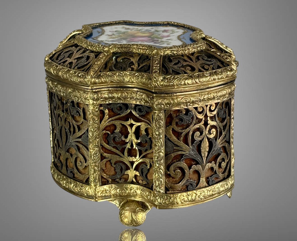 Napoleon III Openwork Gilt Bronze / Silver Case With Sèvres Plate-photo-3