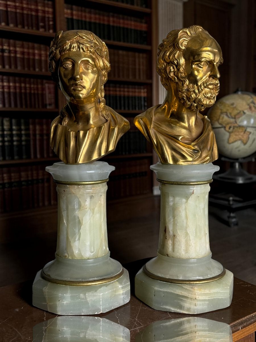 Pair Of Golden Bronze Philosophes On Onyx Soces From The 19th Century-photo-2