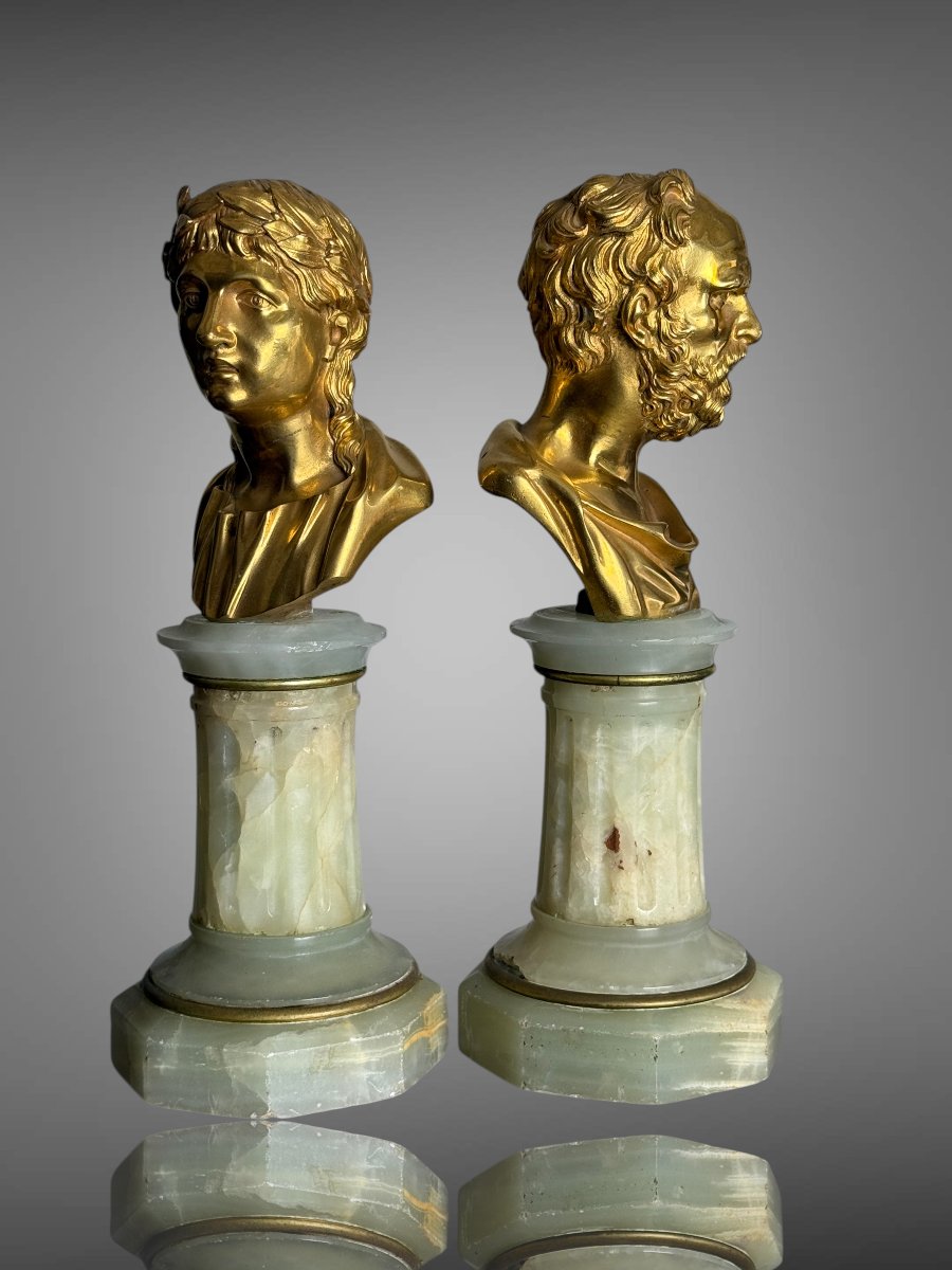 Pair Of Golden Bronze Philosophes On Onyx Soces From The 19th Century-photo-3