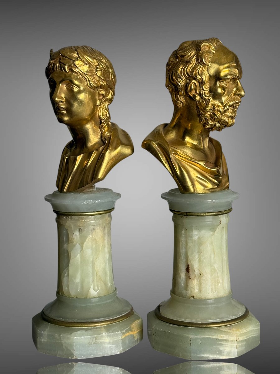 Pair Of Golden Bronze Philosophes On Onyx Soces From The 19th Century-photo-4