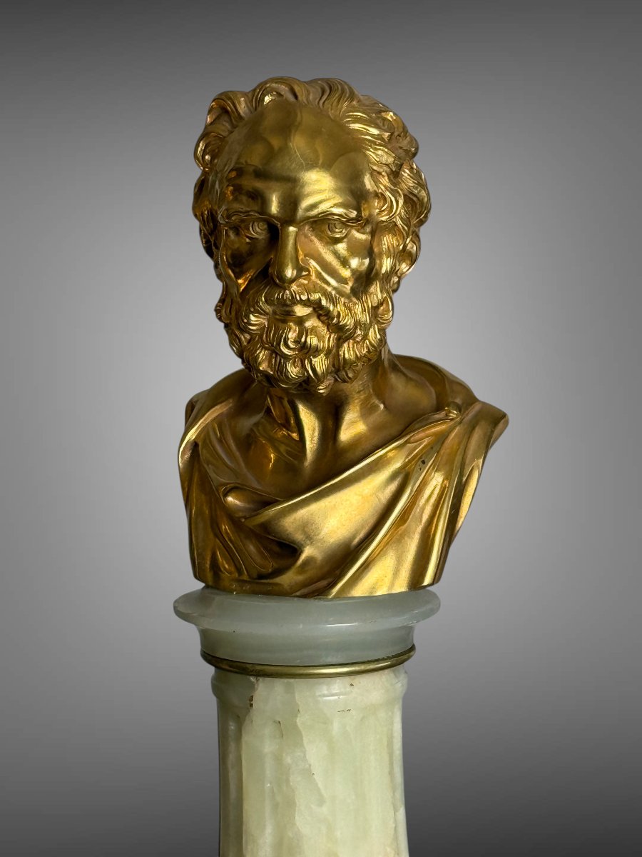 Pair Of Golden Bronze Philosophes On Onyx Soces From The 19th Century-photo-5