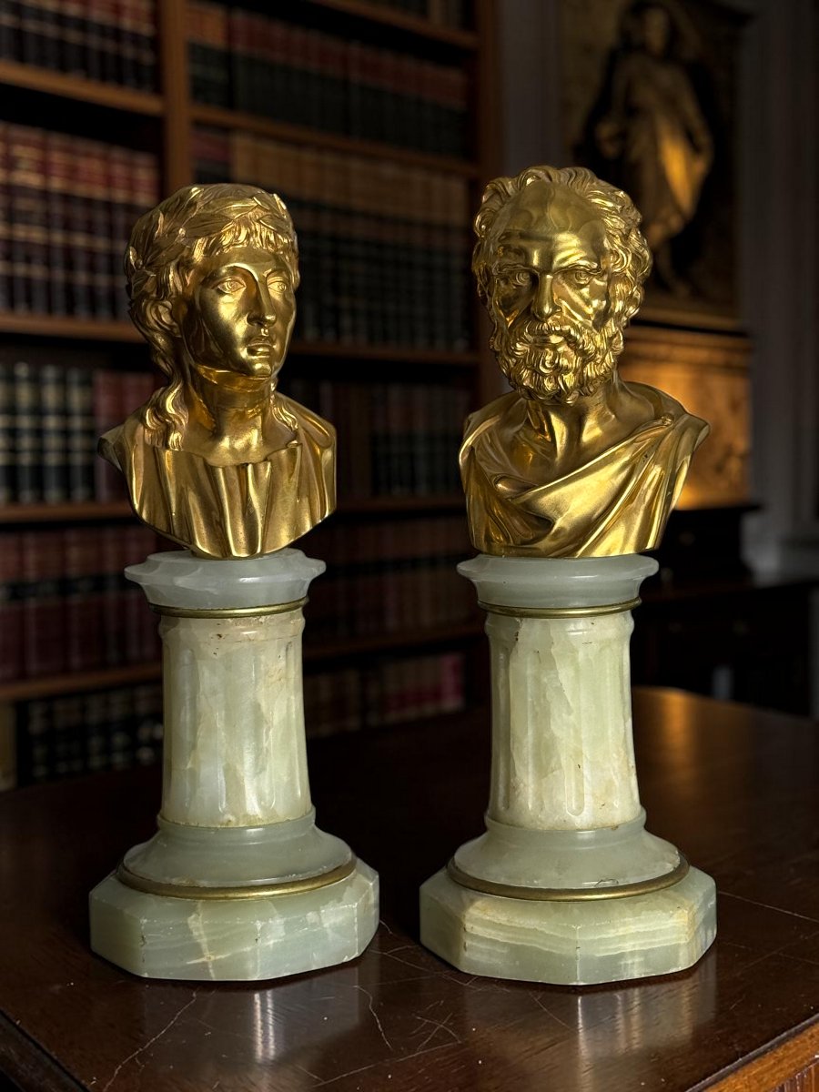 Pair Of Golden Bronze Philosophes On Onyx Soces From The 19th Century-photo-6