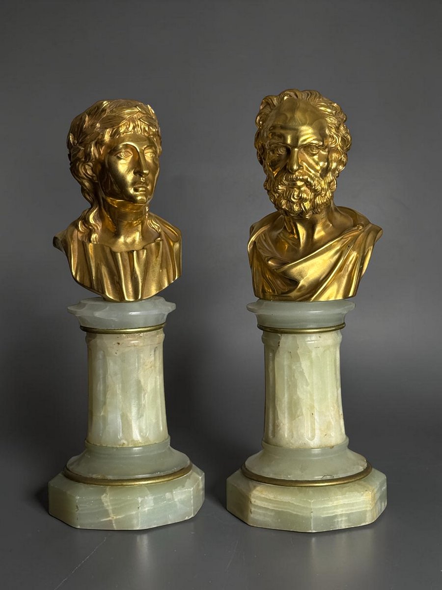 Pair Of Golden Bronze Philosophes On Onyx Soces From The 19th Century-photo-7