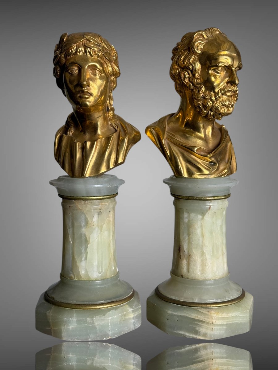 Pair Of Golden Bronze Philosophes On Onyx Soces From The 19th Century
