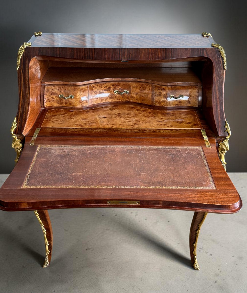 Antique Louis XV-style Donkey-back Desk In Marquetry And Gilded Bronze-photo-5