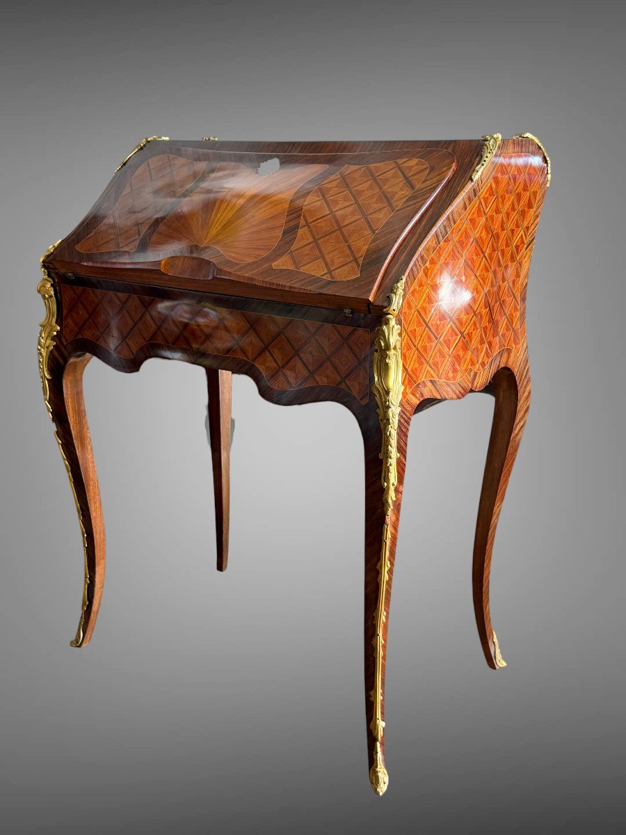 Antique Louis XV-style Donkey-back Desk In Marquetry And Gilded Bronze-photo-6