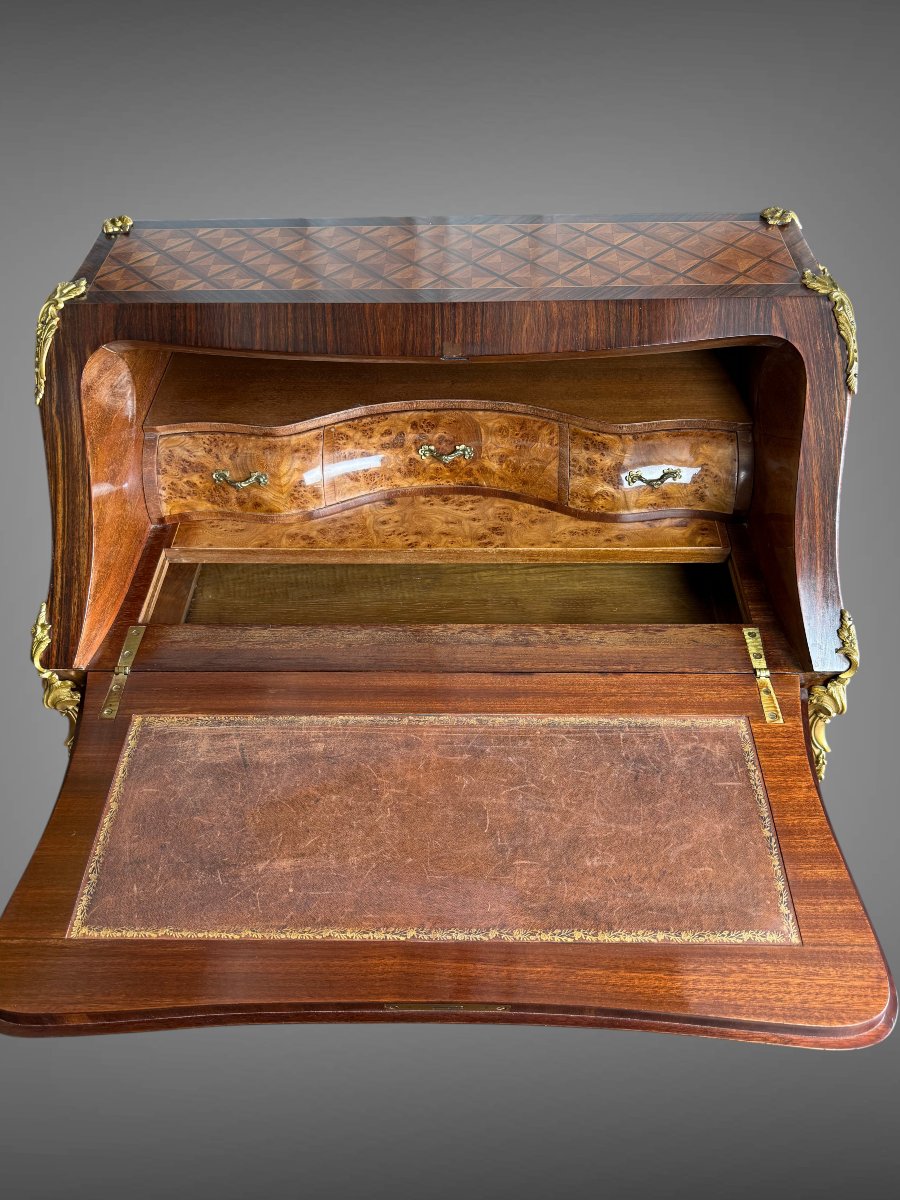 Antique Louis XV-style Donkey-back Desk In Marquetry And Gilded Bronze-photo-7
