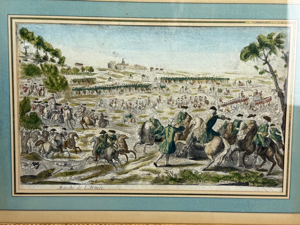 GRAVURE XVIIIe REHAUSSÉE A L AQUARELLE " MARCHE DE L ARMÉE " BIEN ENCADRÉ-photo-3