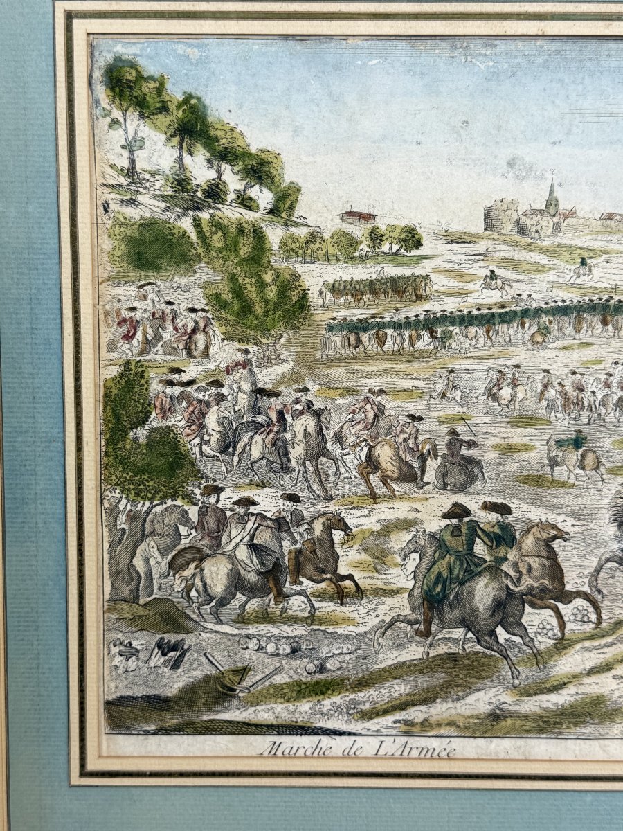 GRAVURE XVIIIe REHAUSSÉE A L AQUARELLE " MARCHE DE L ARMÉE " BIEN ENCADRÉ-photo-4