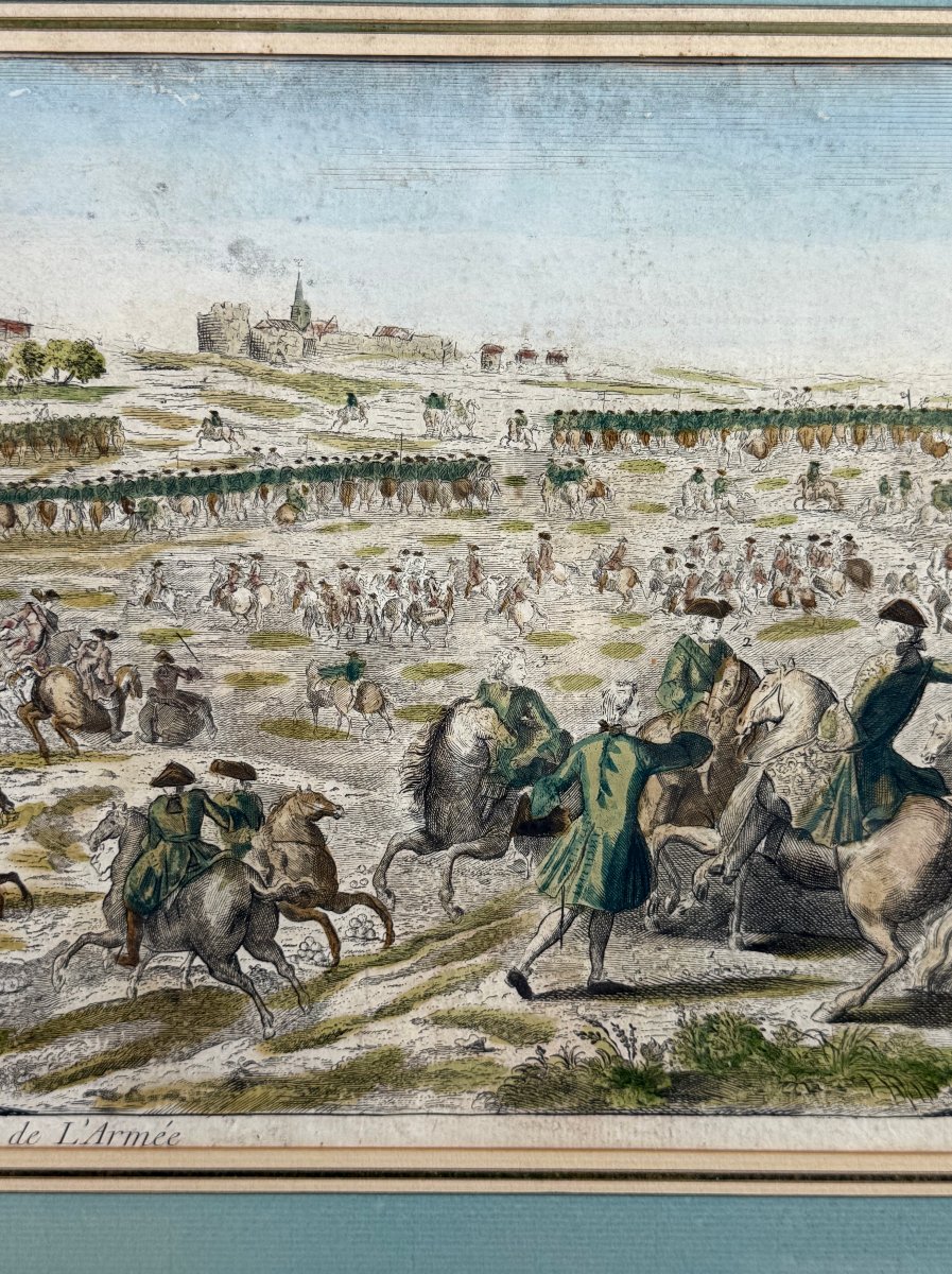 GRAVURE XVIIIe REHAUSSÉE A L AQUARELLE " MARCHE DE L ARMÉE " BIEN ENCADRÉ-photo-1