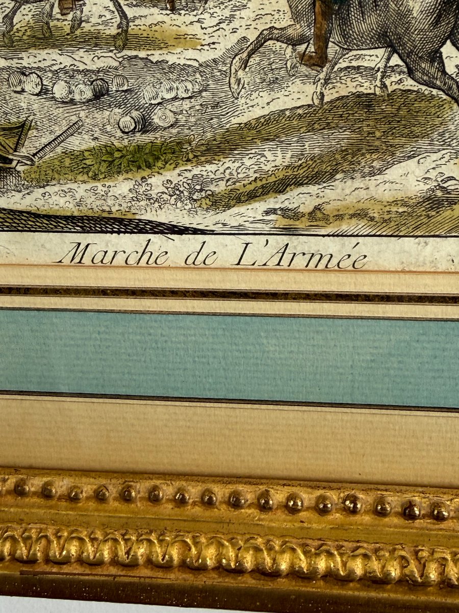 GRAVURE XVIIIe REHAUSSÉE A L AQUARELLE " MARCHE DE L ARMÉE " BIEN ENCADRÉ-photo-3