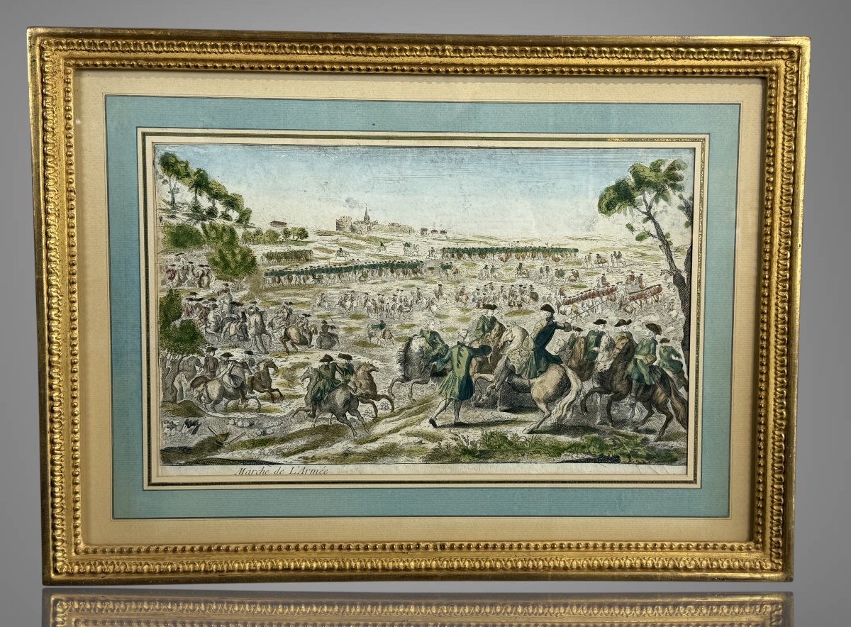 GRAVURE XVIIIe REHAUSSÉE A L AQUARELLE " MARCHE DE L ARMÉE " BIEN ENCADRÉ