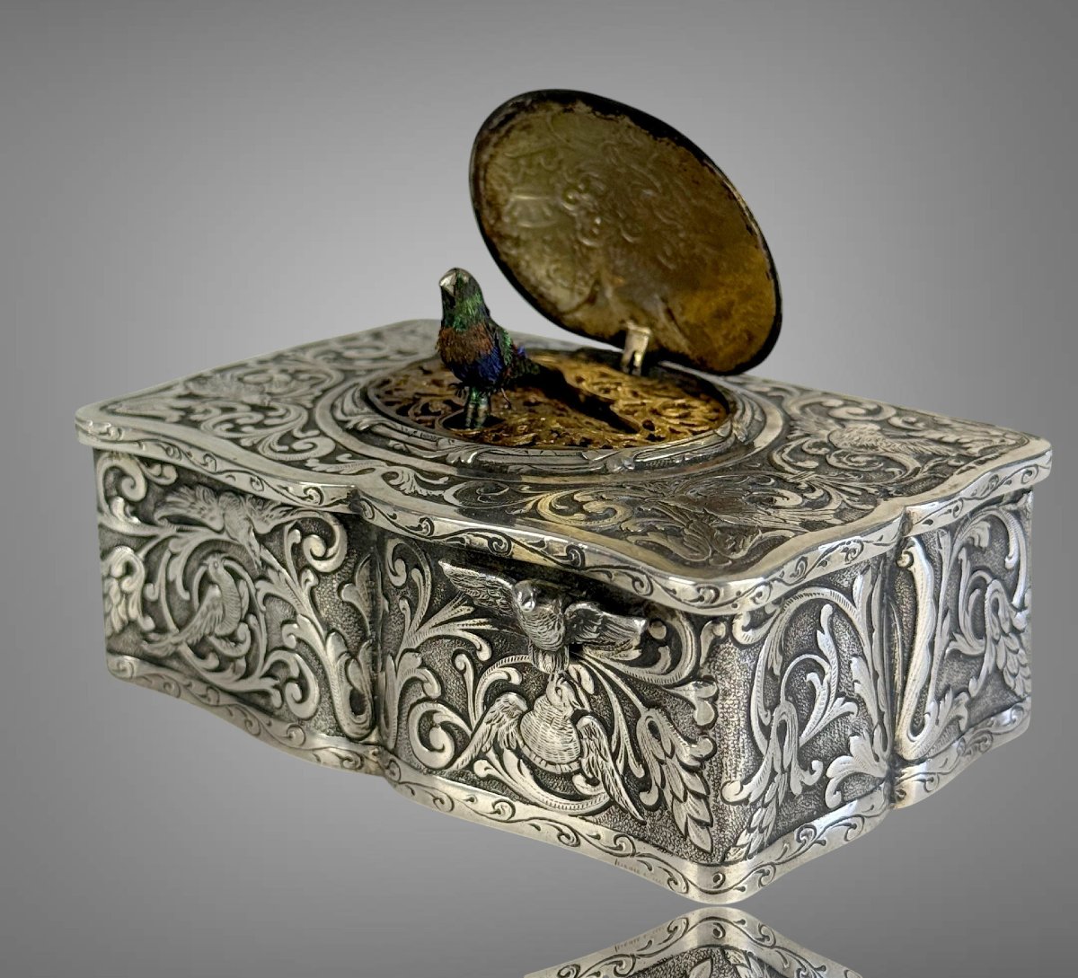 Music Box With A Whistling Bird, Made Of Solid Silver