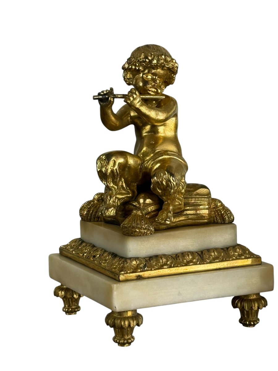 PAIRE DE FAUNES MUSICIENS EN BRONZE DORÉ ET SOCLE EN MARBRE / NAPOLEON II-photo-2